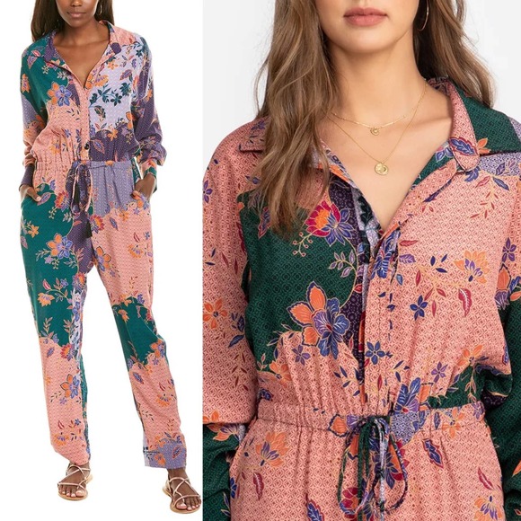 Johnny Was Jumpsuit Small Silk 1001 Nights Floral Boho Long Sleeve Straight Leg - Picture 11 of 11